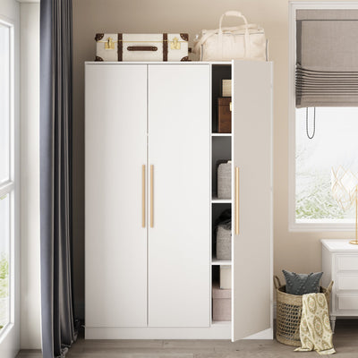 47.2 inches Modern Minimalist White/Black 3-Door Armoire with Solid Wood Handle Large Cabinet for Bedroom