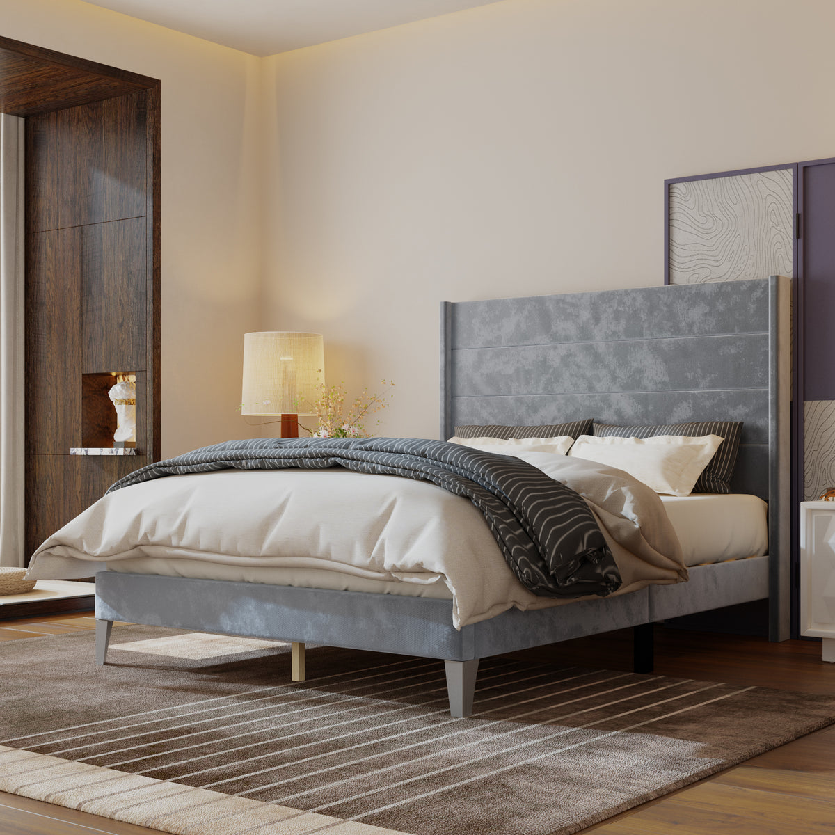 63.8" Simplistic Gray Platform Bed with Solid Wood Legs