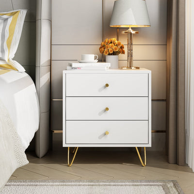 17.7" Modern Minimalist White 3-Drawer Nightstand with Solid Wood Legs, Versatile Bedside End Side Table