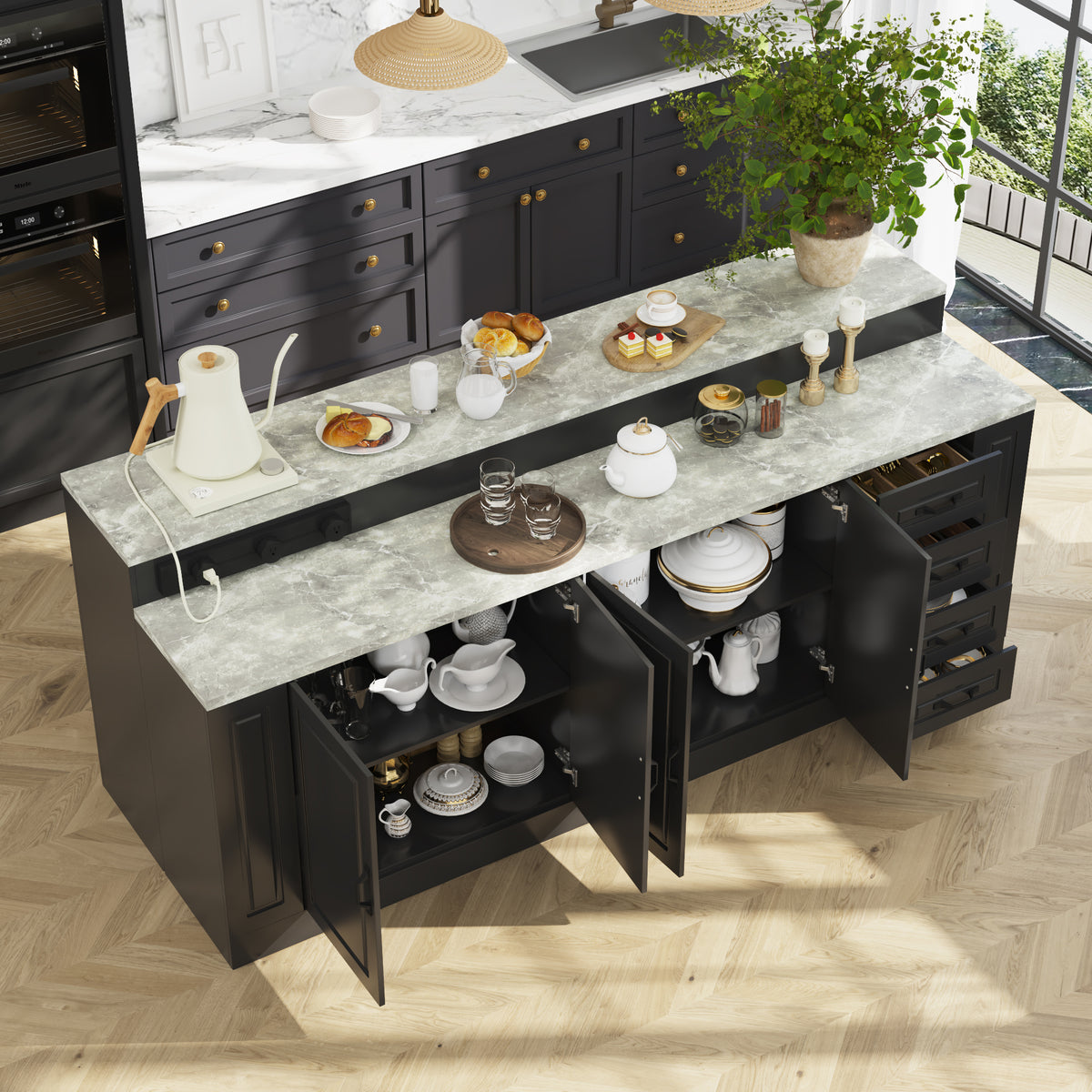 Modern kitchen island with marble countertop and open cabinet doors, featuring kitchenware and decor.