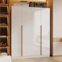 63" White High Gloss Engineered Wood 4-Door Bedroom Wardrobe with Long Gold Handles & Multi-Zone Clothing Storage