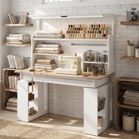55.1" White Wood Electric Height Adjustable Sewing Table with LED Light and Storage Hutch
