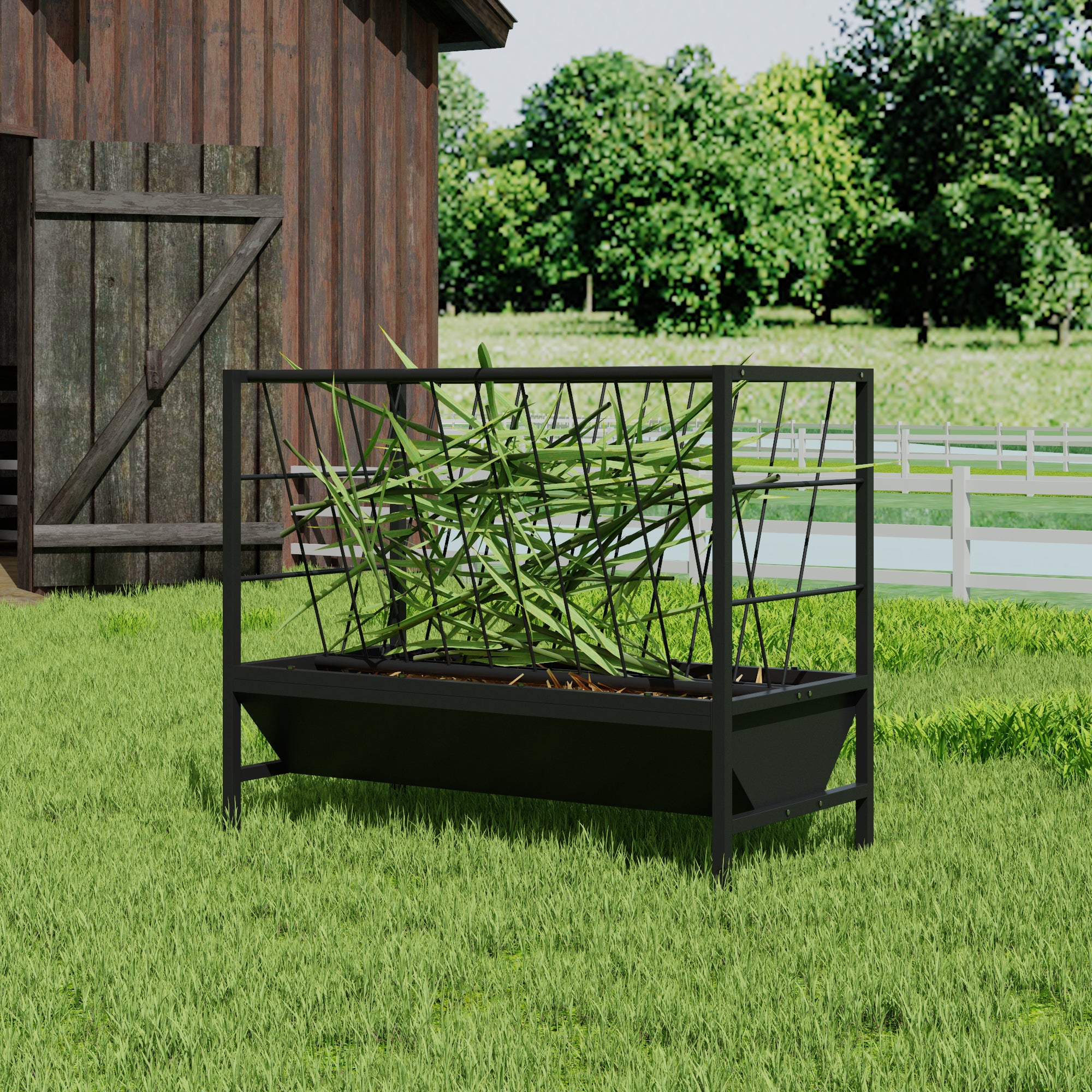 Black metal planter with green plants in front of a wooden shed and greenery