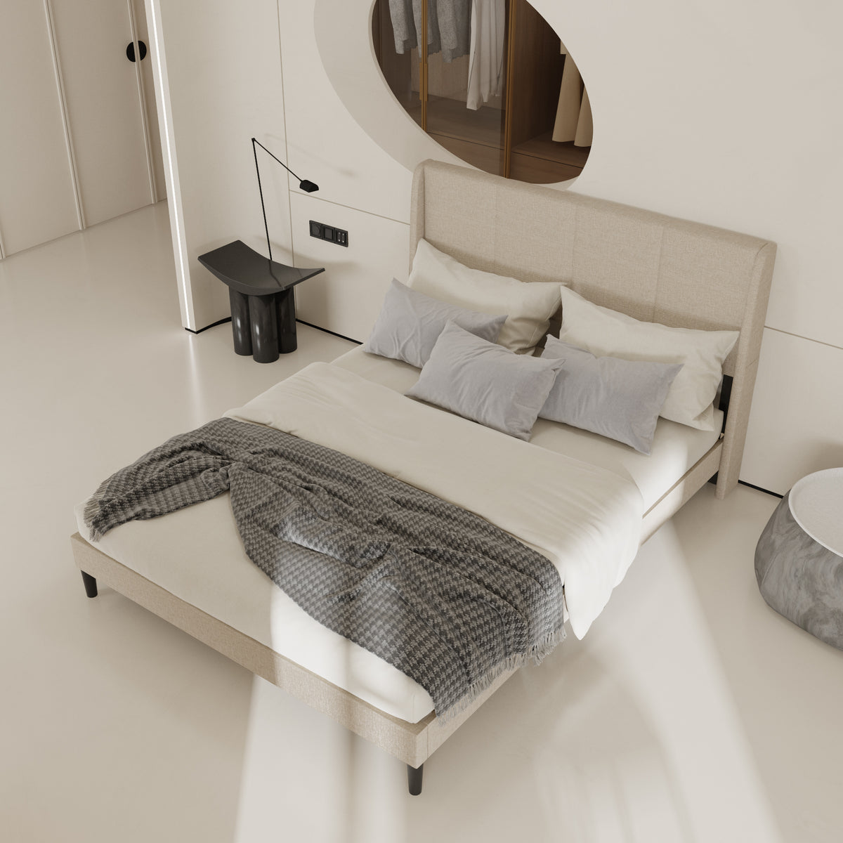 62.6" Modern Beige Platform Bed with Upholstered Headboard