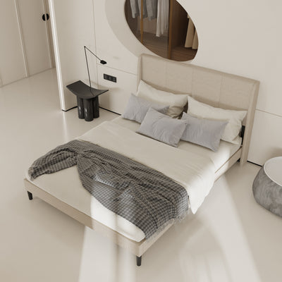 62.6" Modern Beige Platform Bed with Upholstered Headboard