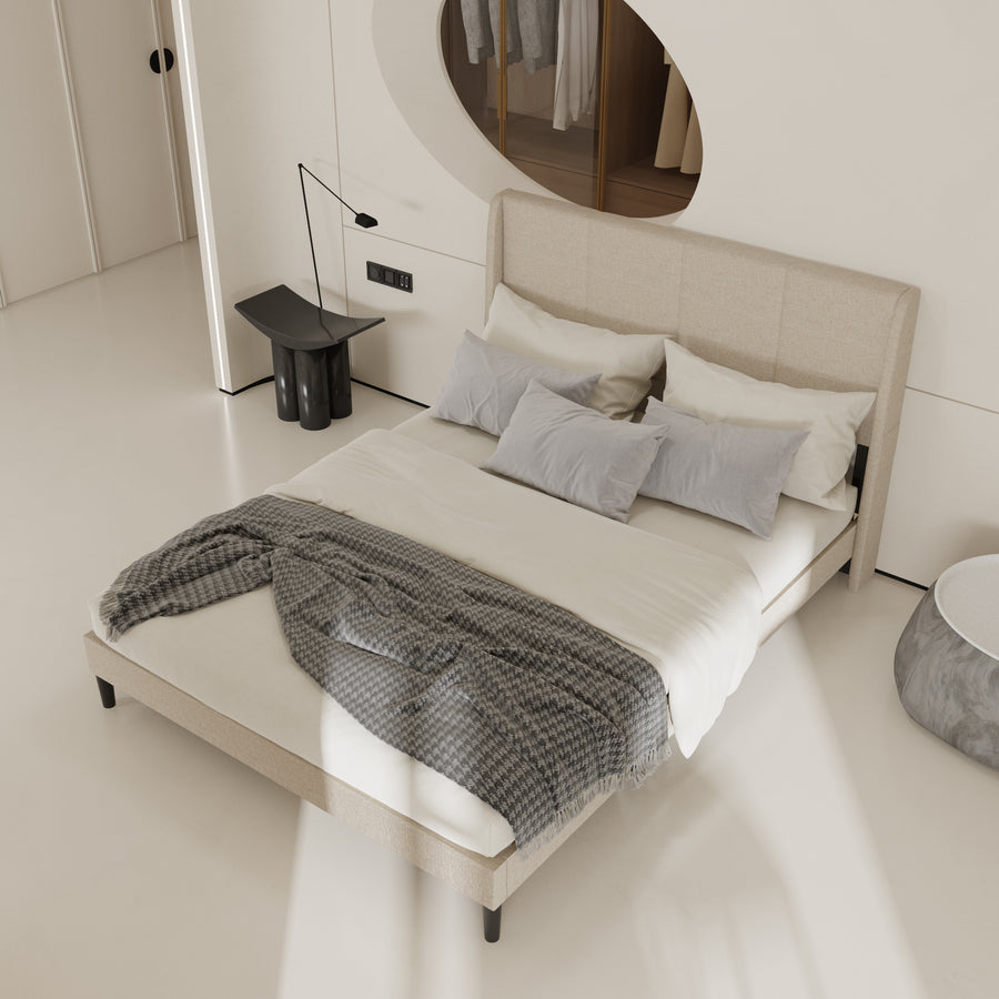 62.6" Modern Beige Platform Bed with Upholstered Headboard