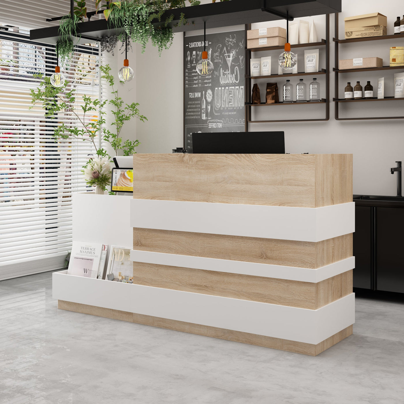 87.2" Modern Minimalist Natural Reception Desk With Drawer And Keyboard Tray