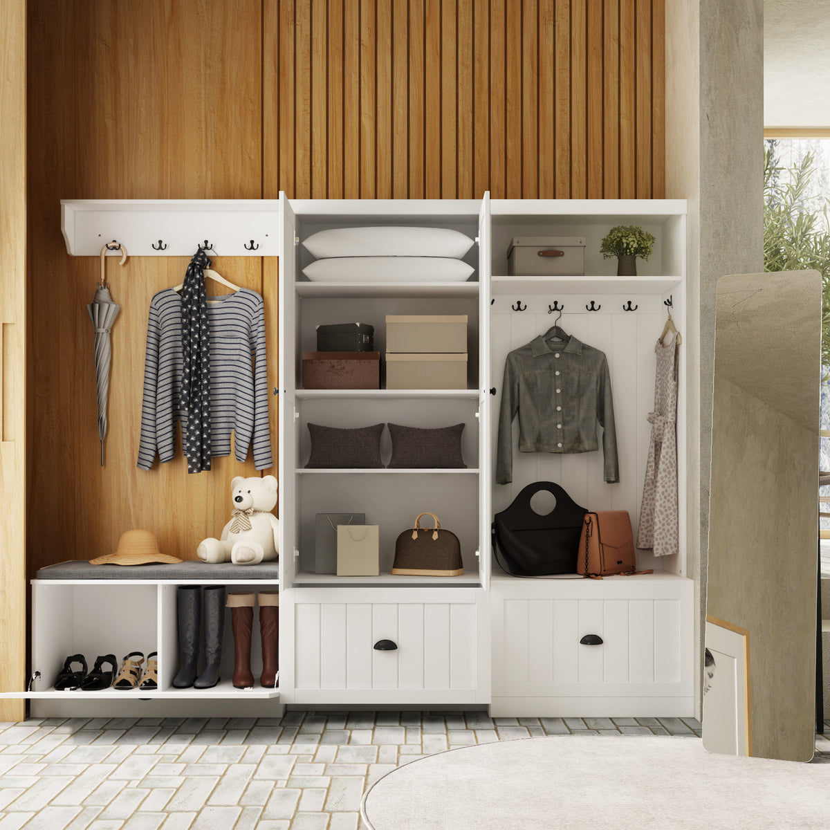 Stilla 87" Modern White Hall Tree with Storage Bench and Shoe Storage