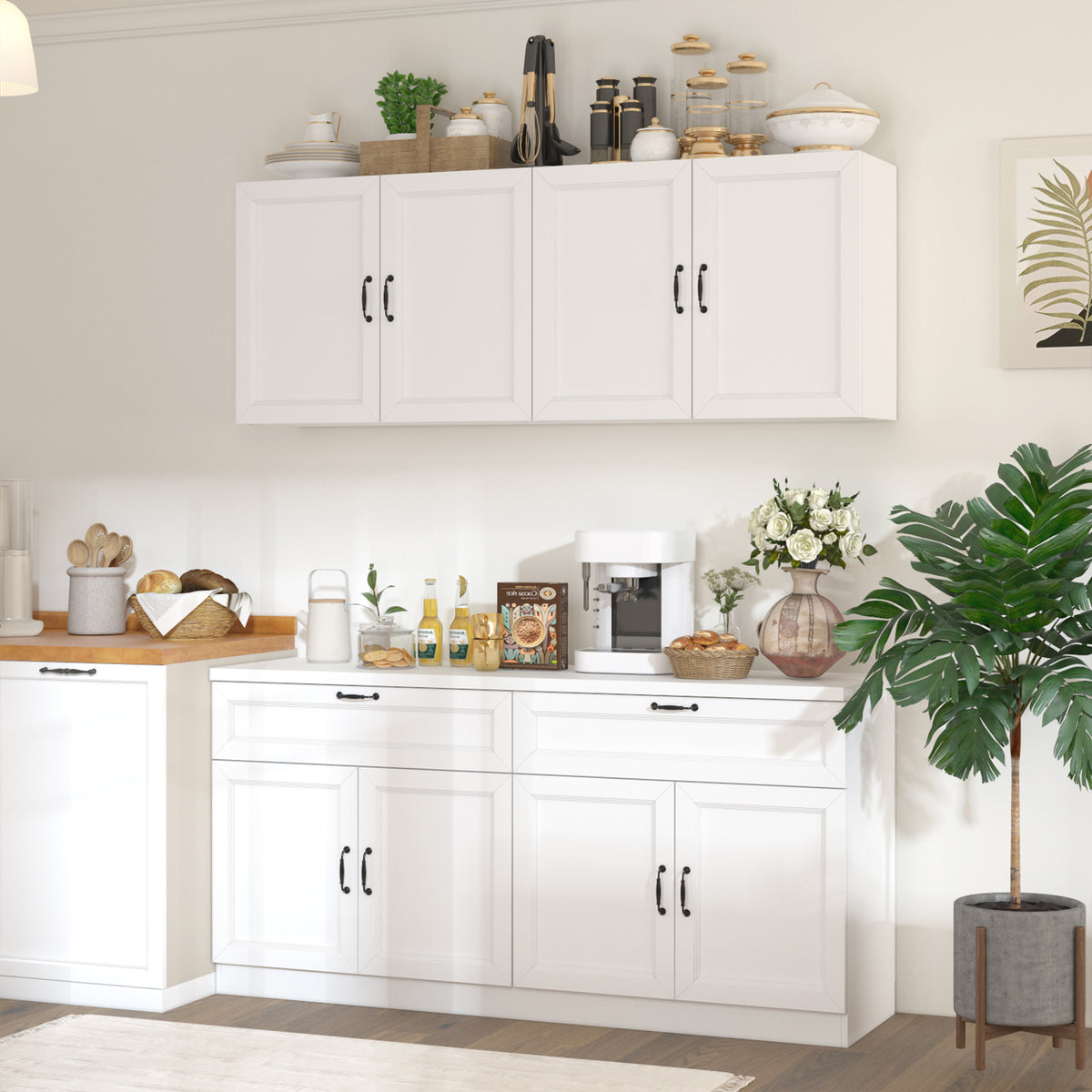 63" Modern White Kitchen Pantry Cabinet with 8 Doors, 2 Drawers & Large Central Worktop