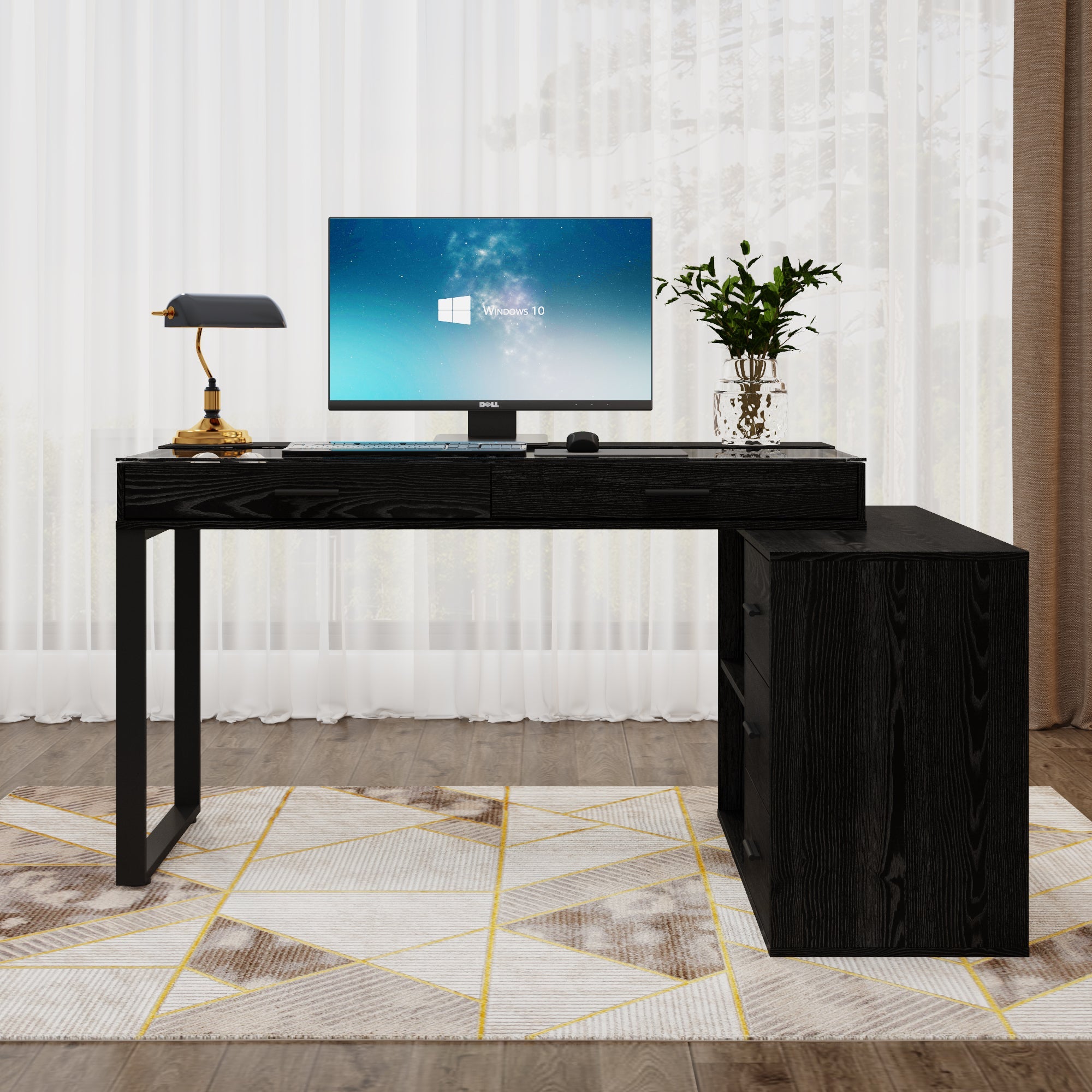 58.6'' W 5-Drawer Computer Desk With Glass Desktop