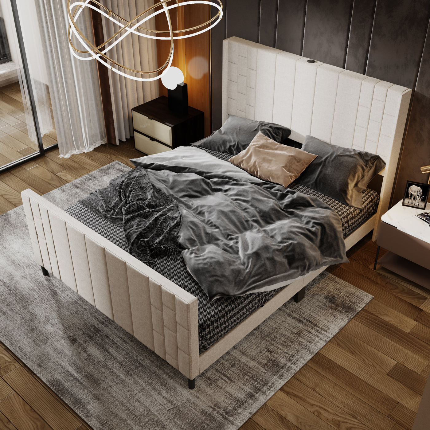 61.8" Modern Beige Platform Bed with USB Ports