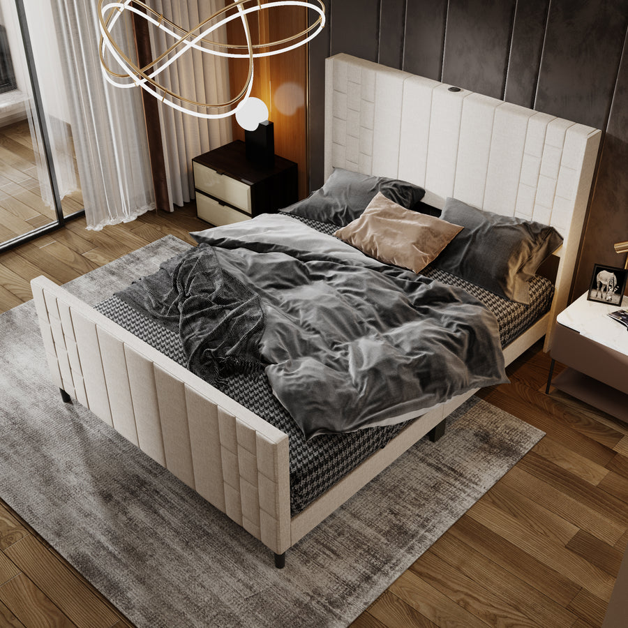 61.8" Modern Beige Platform Bed with USB Ports