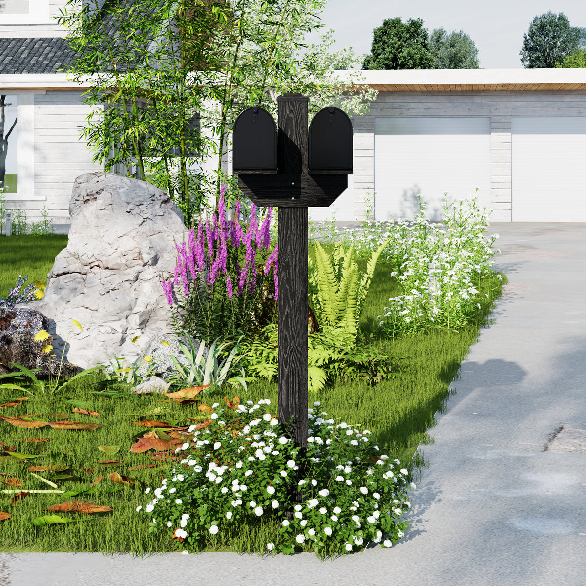 Double mailbox on a wooden post with garden and house in the background