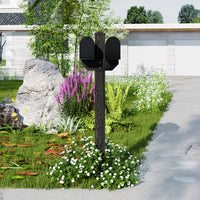Double mailbox on a wooden post with garden and house in the background