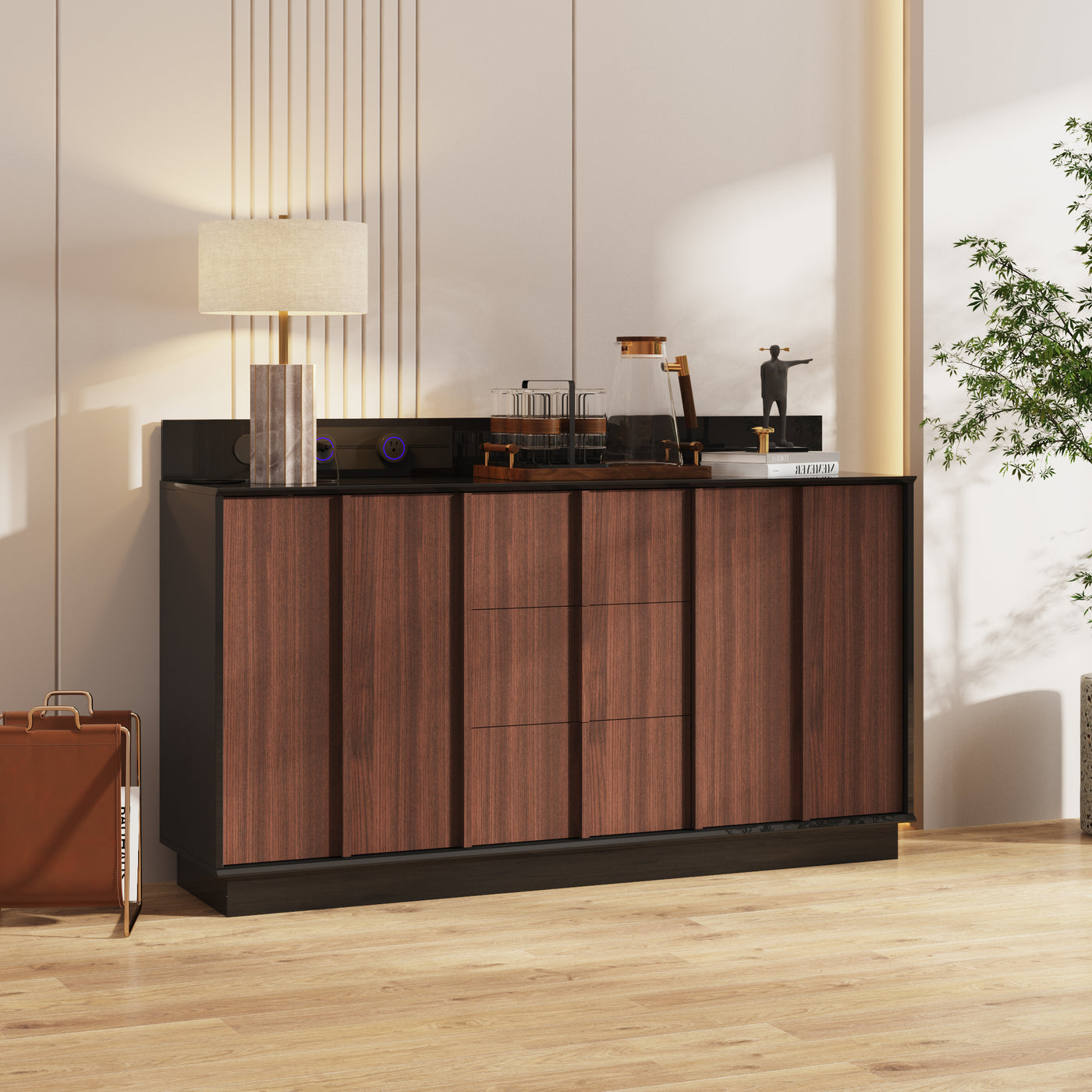 59.1" Modern Brown Sideboard Buffet with Integrated Track Socket & 3 Drawers