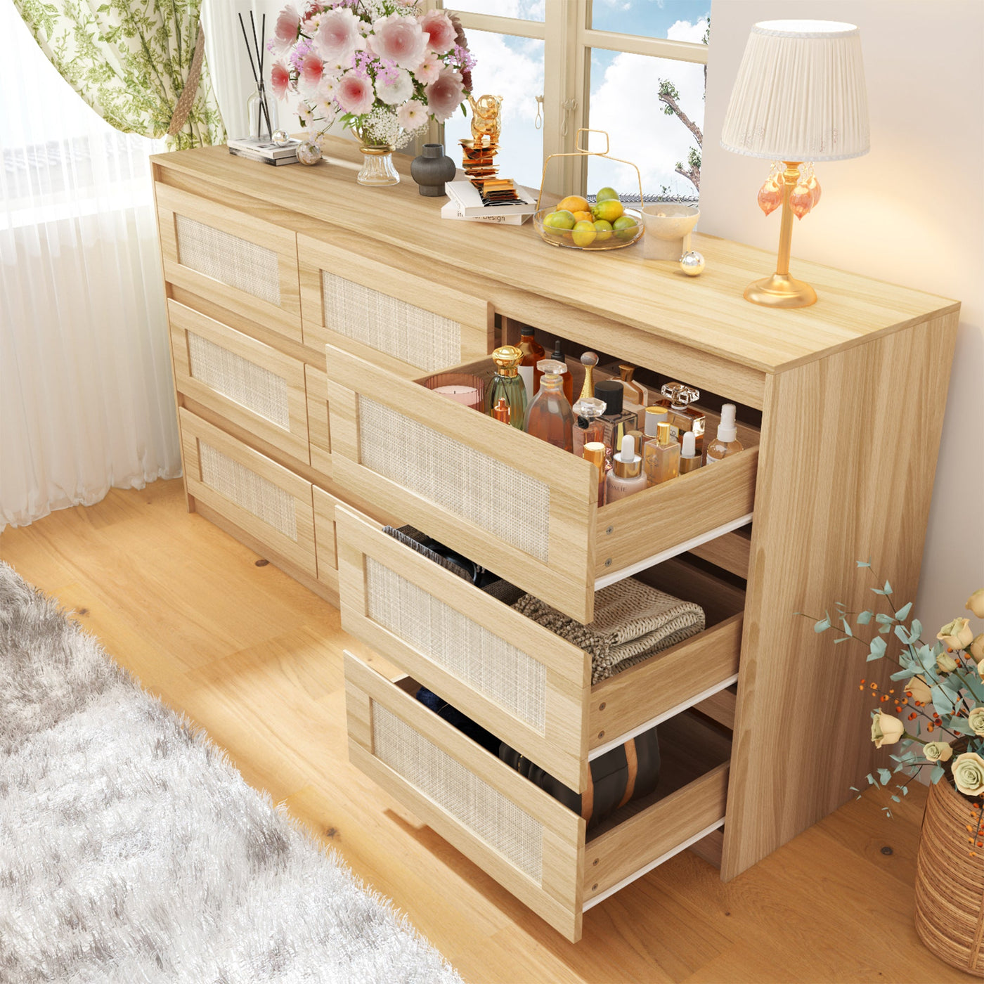 62.9" Modern Country Natural Medium Wood Dresser With 9 Pull-out Drawers