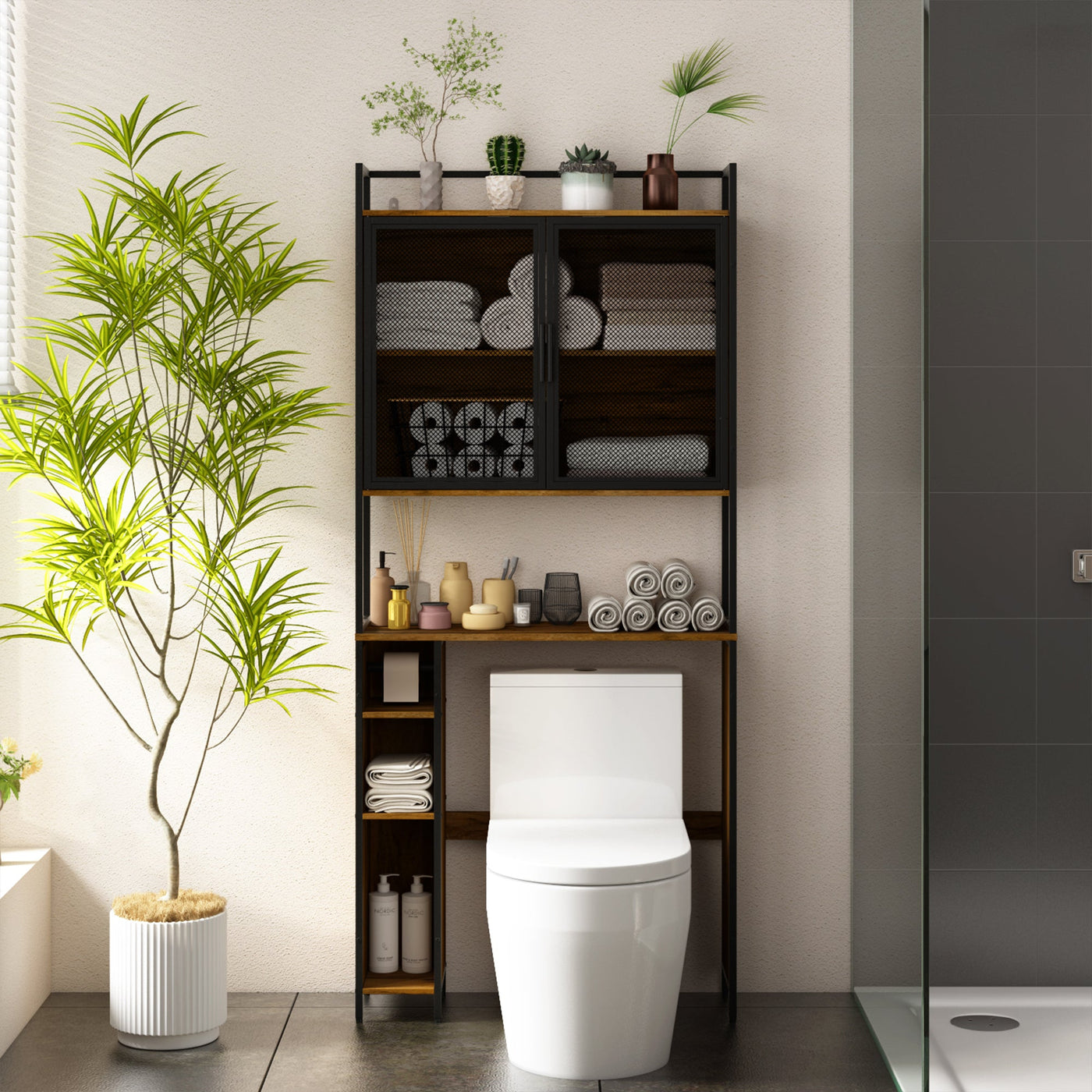 31.5" Industrial Brown Toilet Storage with Mesh Doors