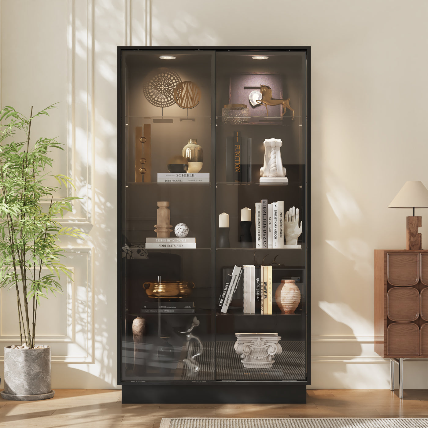 39.4" Modern Black 5-Tier Curio Cabinet with Sliding Glass Doors and LED Lights