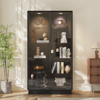 39.4" Modern Black 5-Tier Curio Cabinet with Sliding Glass Doors and LED Lights