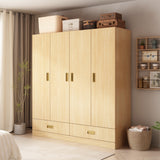 Wooden wardrobe with gold handles in a room setting with a plant and basket.