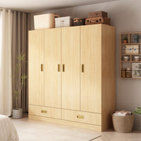 Wooden wardrobe with gold handles in a room setting with a plant and basket.