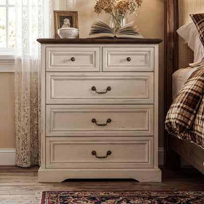 18.9" Elegant White/Brown 5-Drawer Bedside Cabinet with Woodgrain Finish & Metal Slides