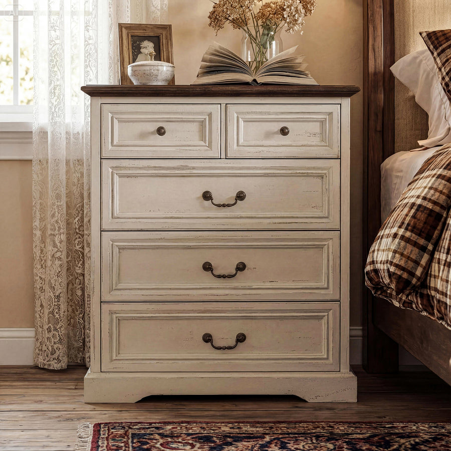 18.9" Elegant White/Brown 5-Drawer Bedside Cabinet with Woodgrain Finish & Metal Slides