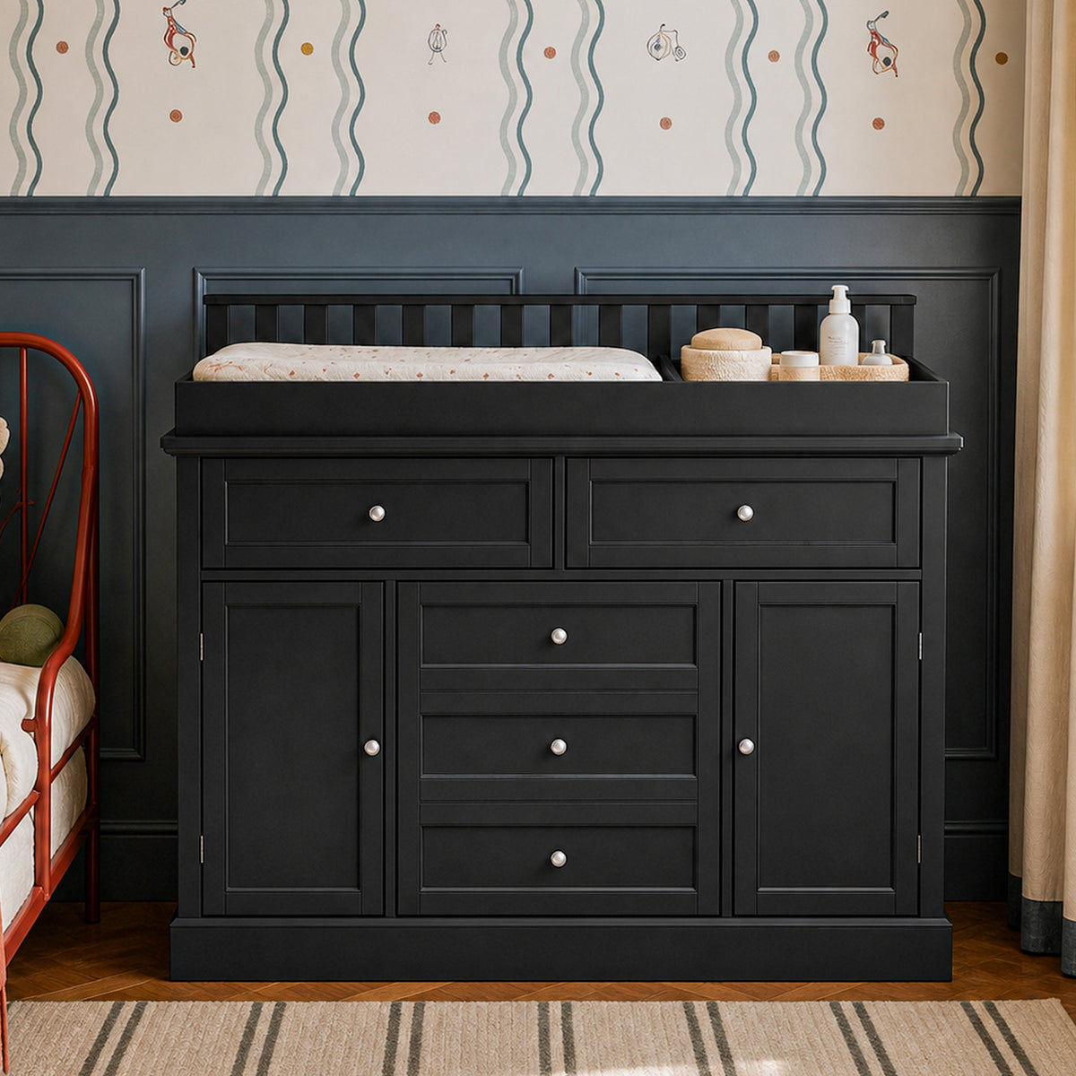 46.3" Modern Black Changing Table with 3 Drawers and 2 Cabinets