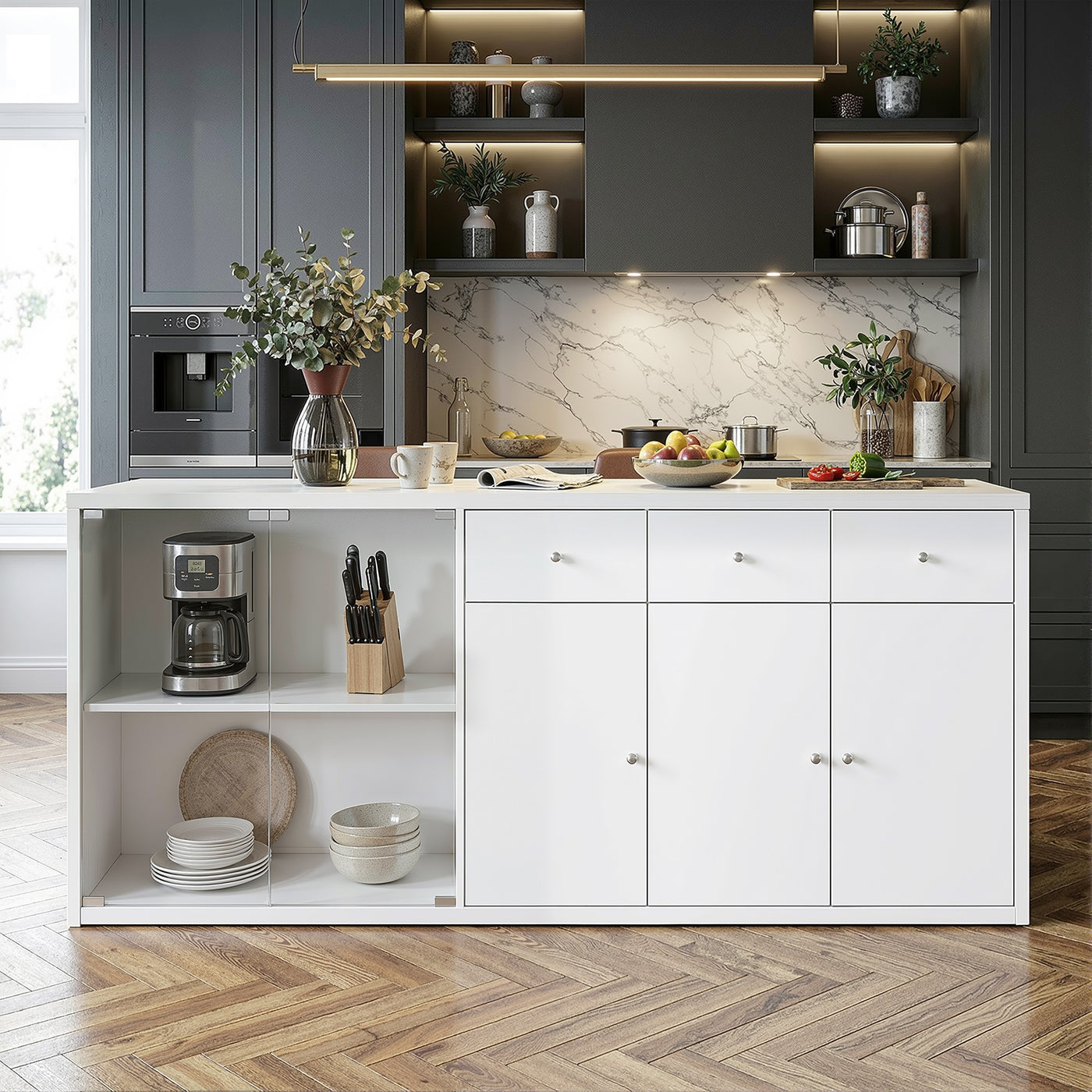 78.7" Contemporary White Kitchen Island with Tempered Glass Door & 3 Drawers