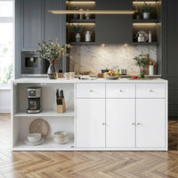 78.7" Contemporary White Kitchen Island with Tempered Glass Door & 3 Drawers