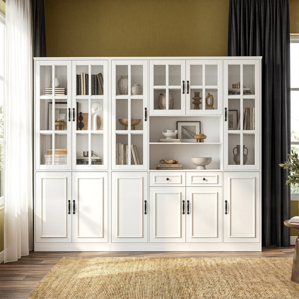 Sofna 94.5" Modern White Tall Display Bookcase with 6 Tiers & Gold Arched Handles