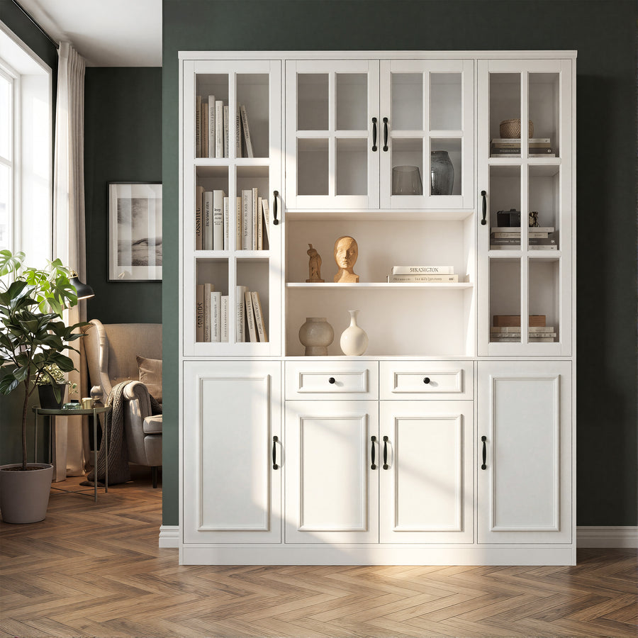 Sofna 63" Modern White 2-Drawer Bookcase with Glass Doors