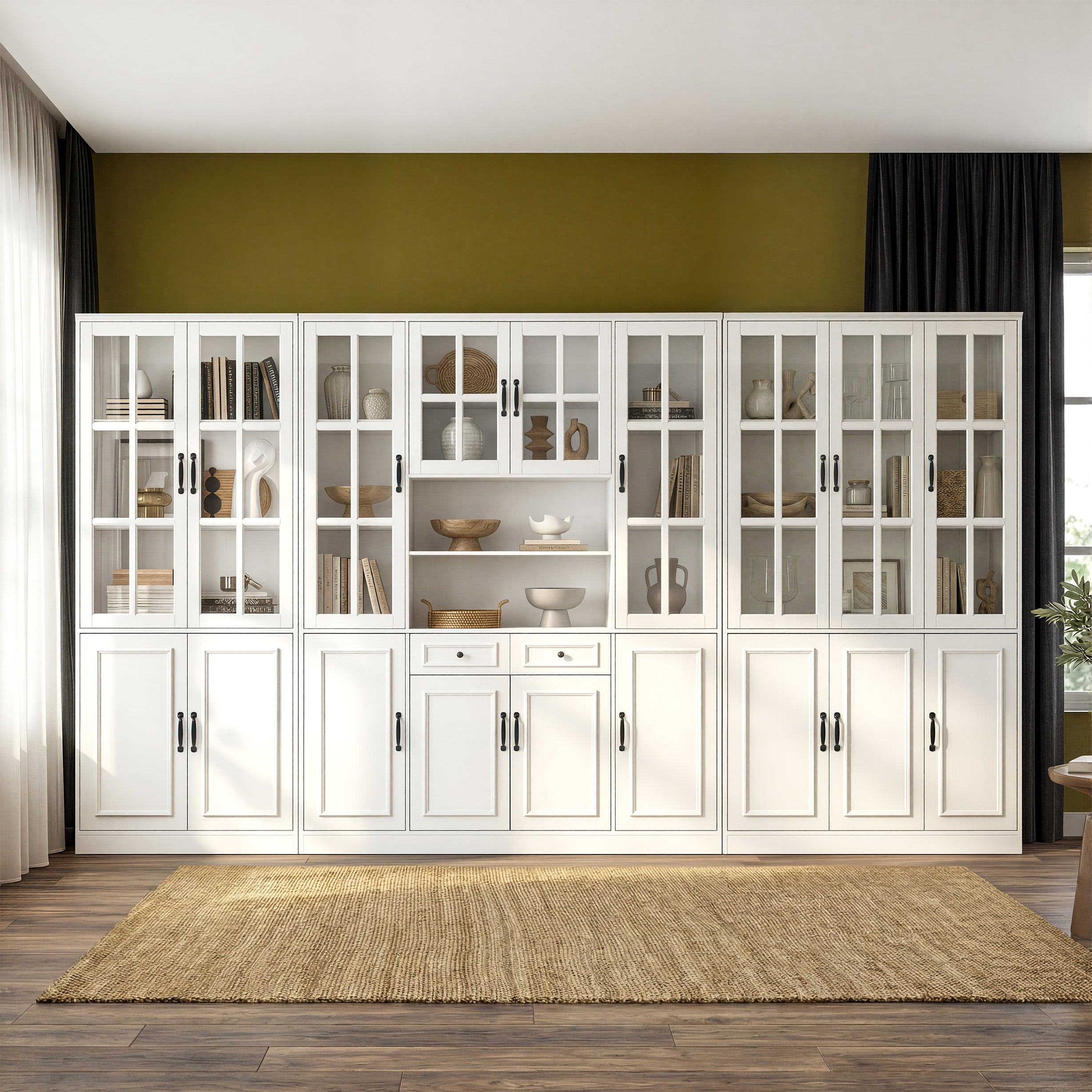 141.7 inch Extra Wide White Filing Storage Cabinet with 9 Glass Doors and 2 Drawers