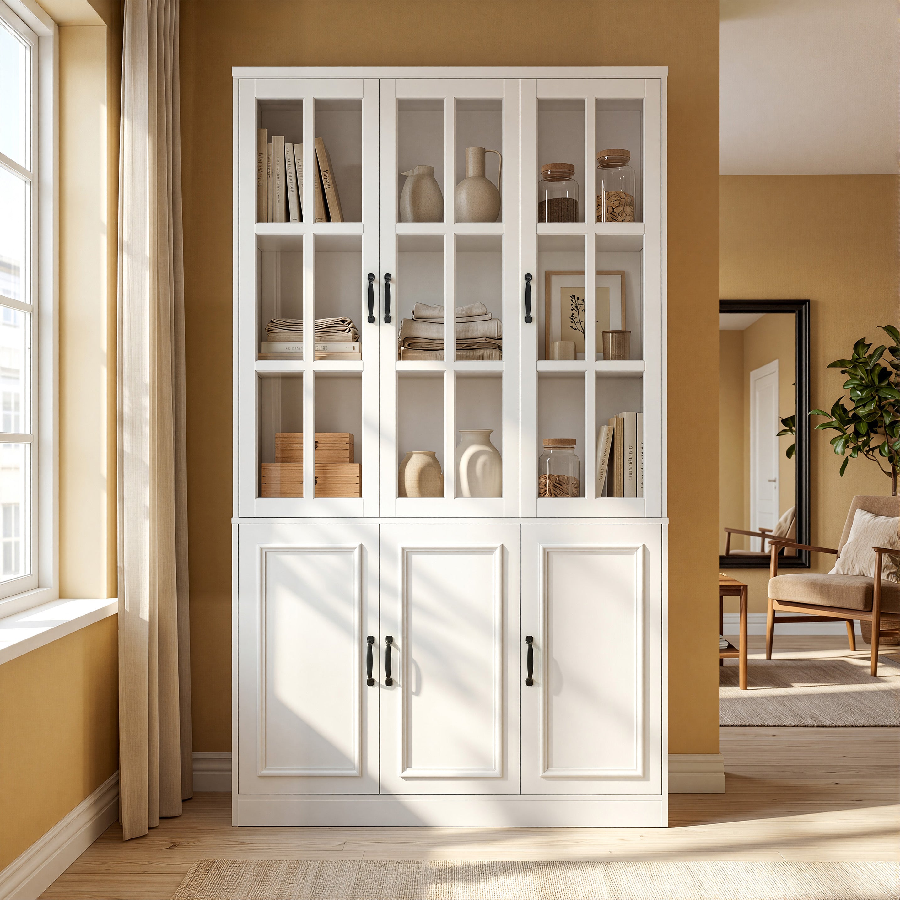 47.2 inches Modern White Freestanding Wood Bookcase with 3 Glass Doors
