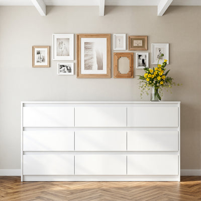 63 inches Modern Minimalist White/Black Wide Buffet Cabinet Triple Dresser Storage Sideboard with 9 Drawers