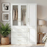 47.6 inch Modern White Armoire with Glass Doors and 3 Drawers