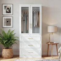 Rena 31.7" Modern White Glass Door Armoire with Hanging Rod and 3 Drawers