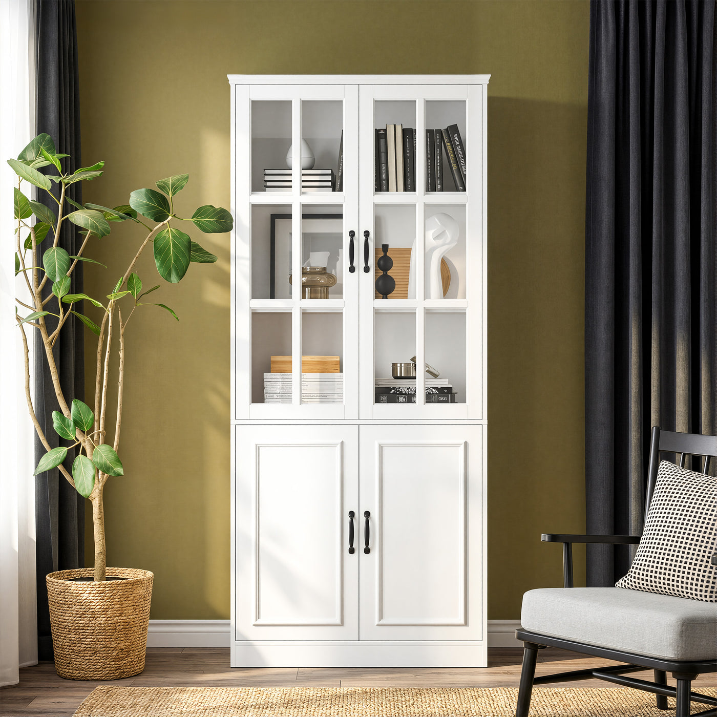 Sofna 31.5" Modern White Standard Storage Bookcase with Glass Door and Shelves