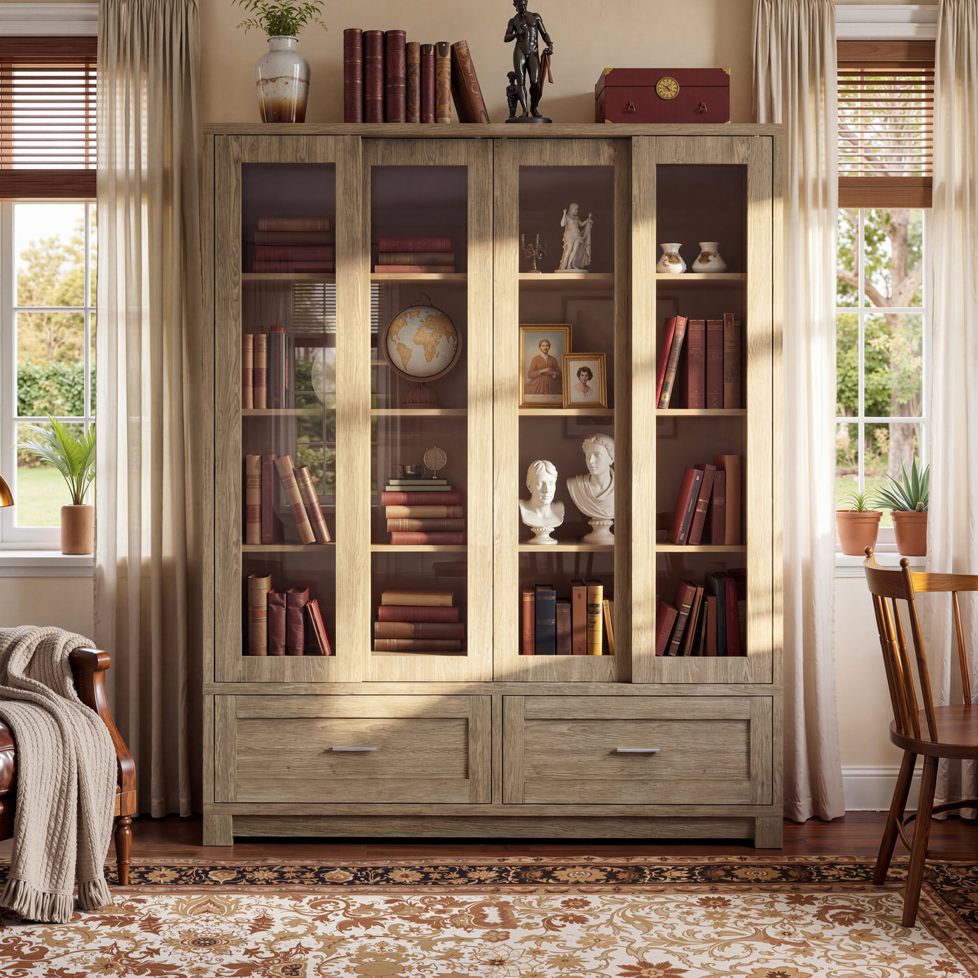 63" Modern Rustic Wood China Cabinet with 2 Drawers and 4 Sliding Glass Doors