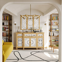 59.1" Bohemian Natural Sideboard Cabinet Buffet Storage Cabinet With Wall Hanging Decorations