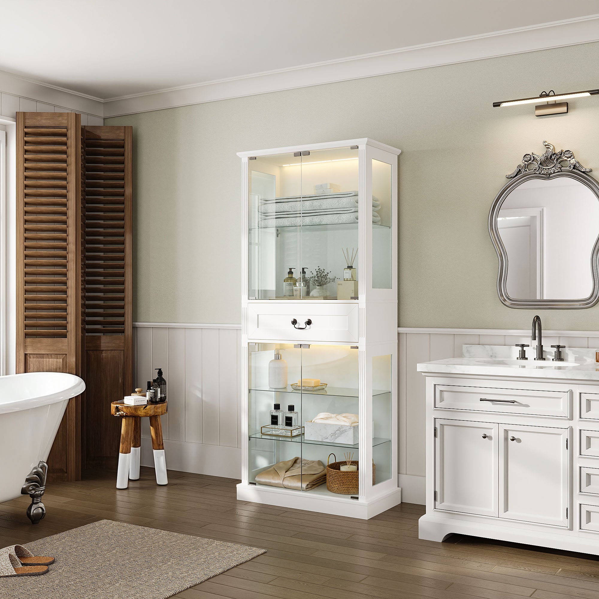 Elegant Bathroom Cabinet With Glass Doors & Smart LED Light