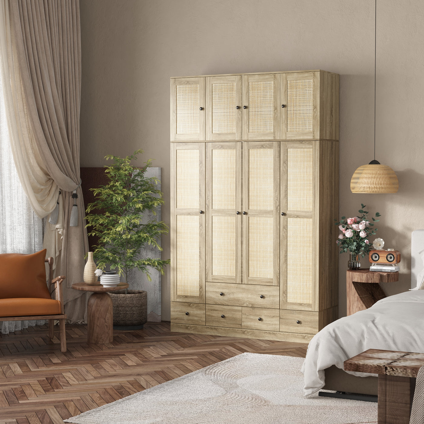 63" Rustic 4-Door Wardrobe Armoire with Rattan Paneling, 6 Drawers & 2 Hanging Rods