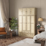 63 inch Rustic 4-Door Wardrobe Armoire with Rattan Paneling, 6 Drawers & 2 Hanging Rods