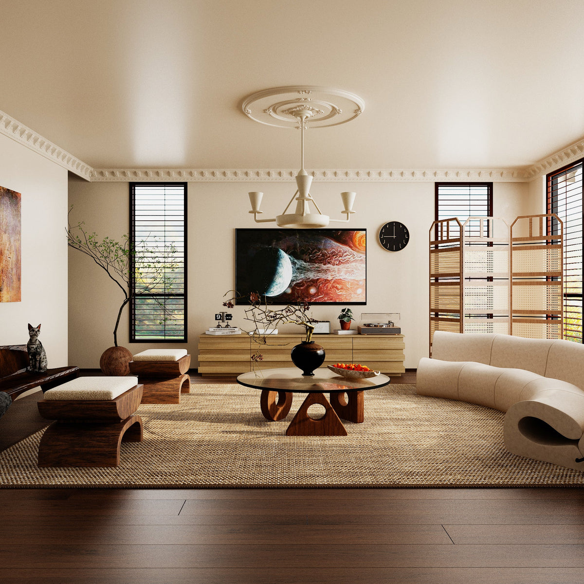 78.7" Modern Scandinavian Natural TV Stand Media Console with 4 Drawers
