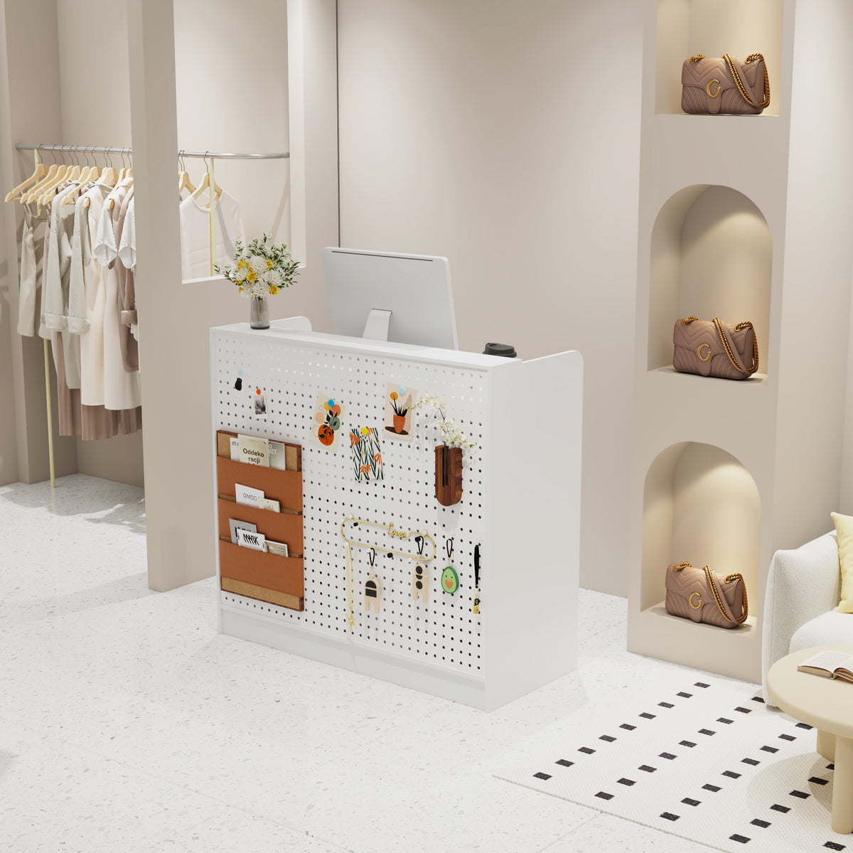 47.2 inches White Reception Desk with Metal Pegboard, Locking Drawers and Large Storage