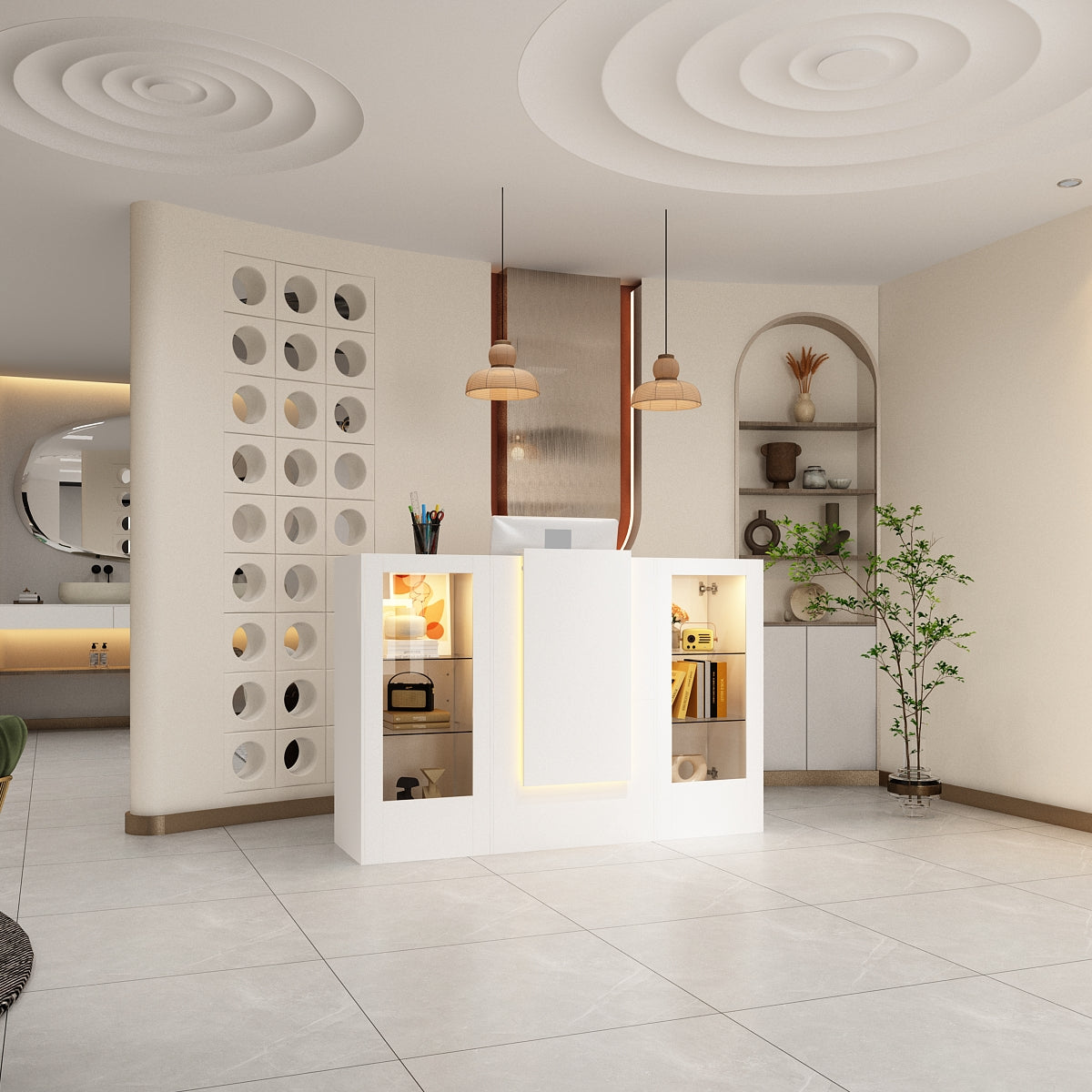 59" Modern White Reception Desk With Display Cabinets And LED Lightsand Transparent Glass