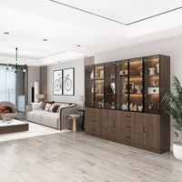Geyma 94.4" Modern Brown Extra Wide Display Case with LED Lights & 6 Glass Doors