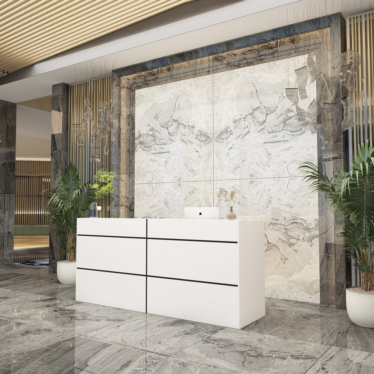 86.6" Contemporary White Reception Desk With Solid And Manufactured Wood
