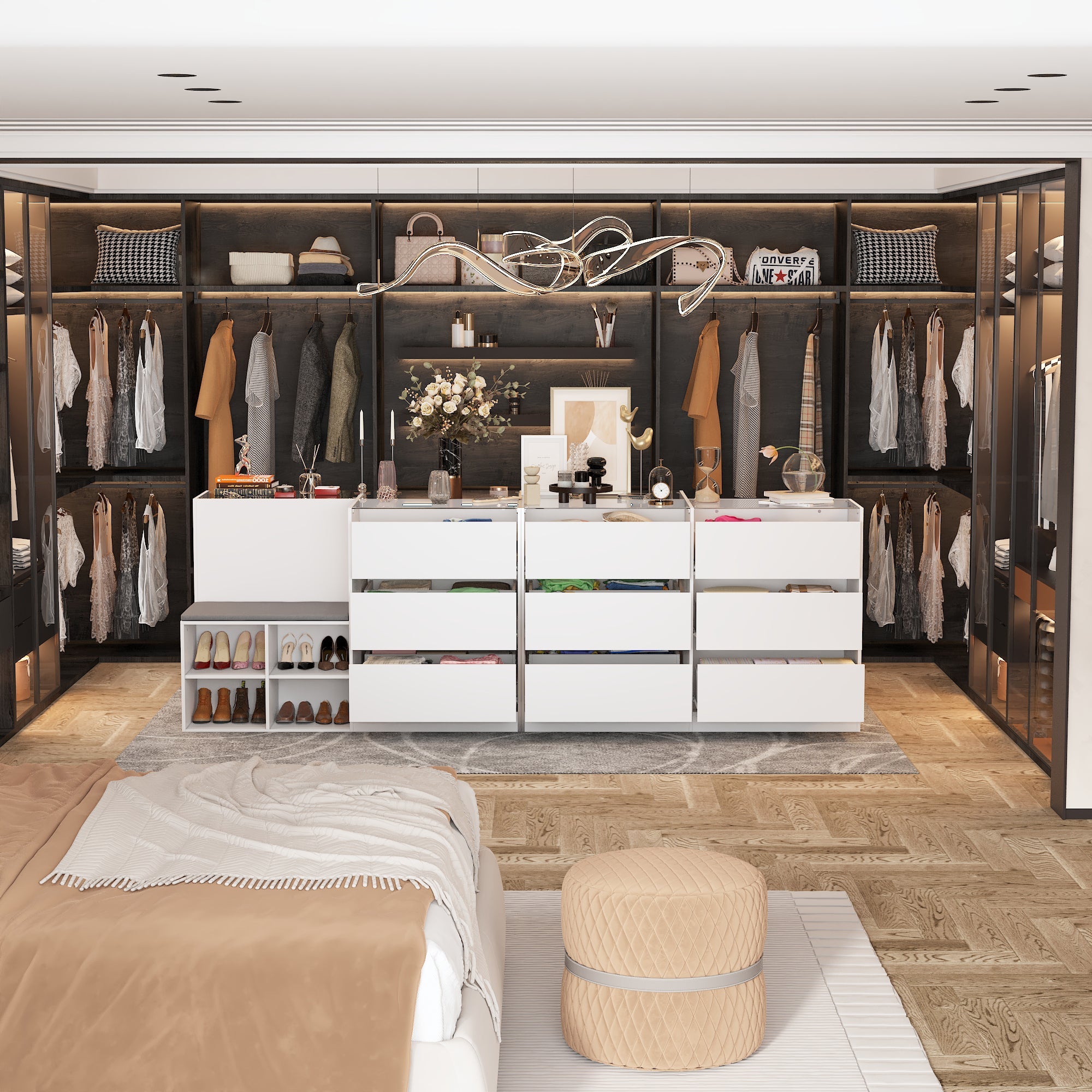 47.2 inches Modern White 4-Shelf Chest With Top And Comfortable Bench