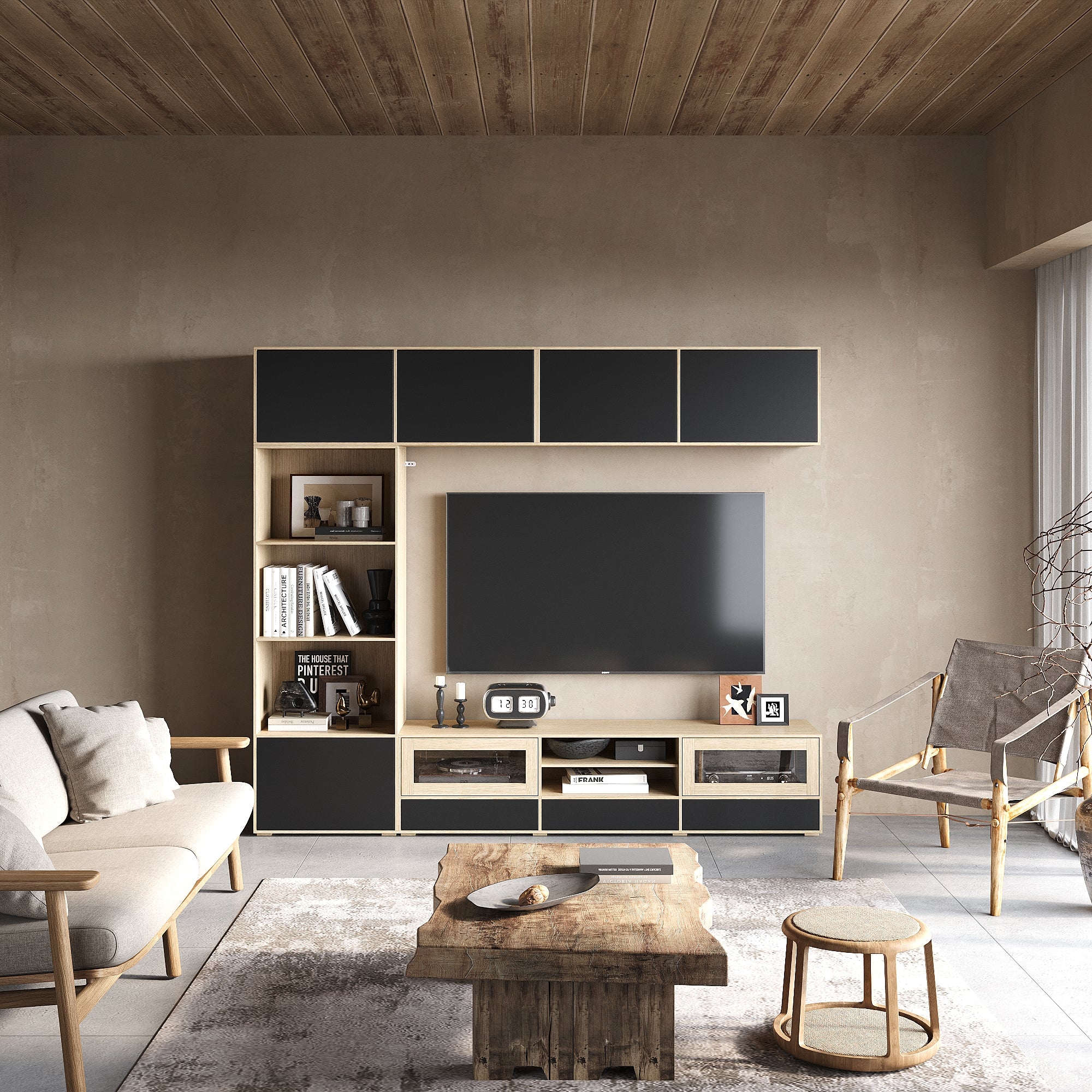 Modern 3-Piece Entertainment Center With Overhead Cabinets And 69" TV Stand, Natural Wood And Black Finish